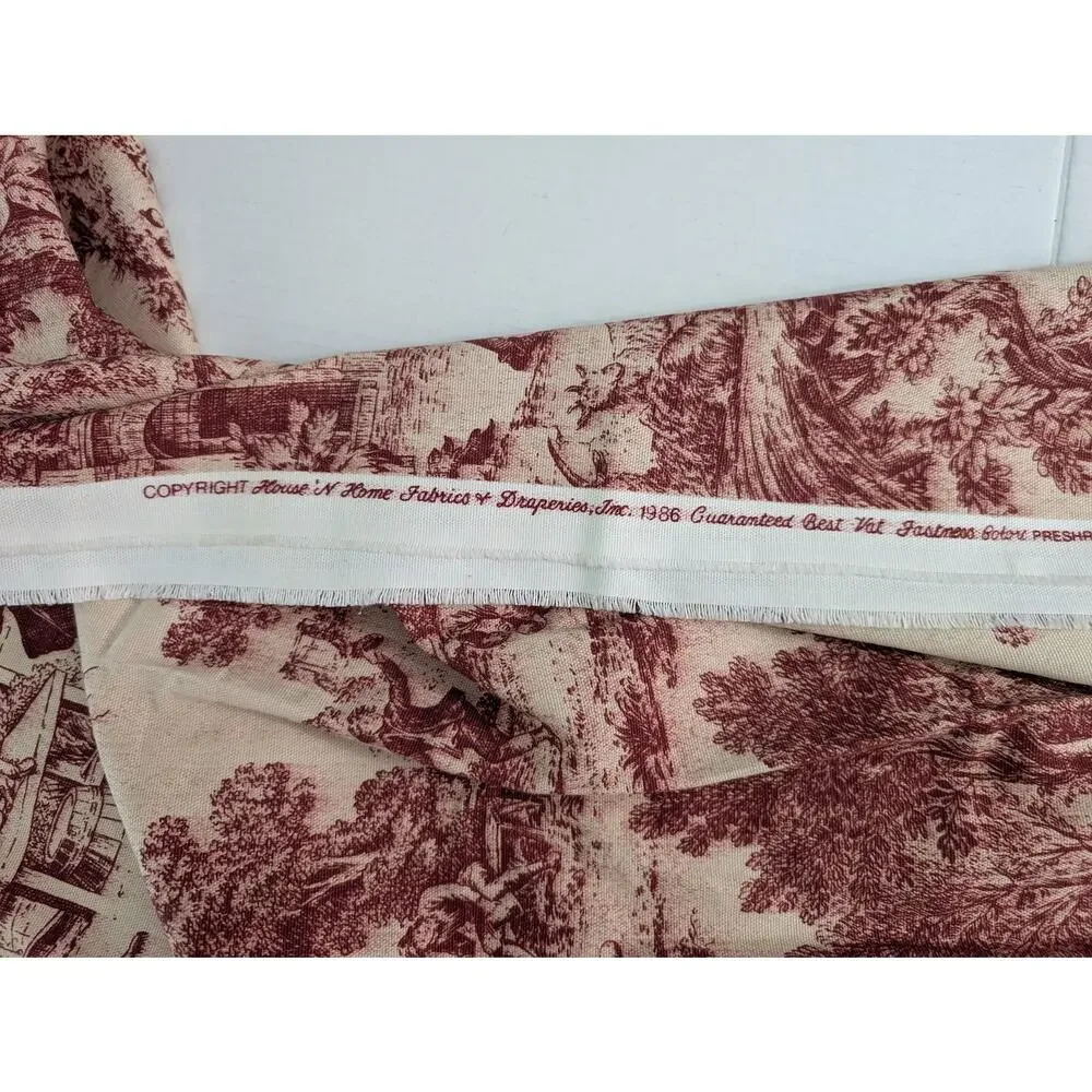 Vintage 1986 French Toile de Jouy Fabric 54x80 In Red Pastoral Screen Print